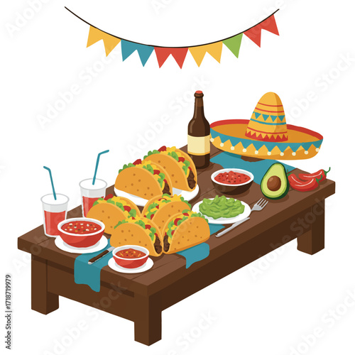 A vibrant flat 2D vector illustration depicts a festive party table overflowing with delicious tacos, fresh salsa, creamy guacamole, and a colorful sombrero, celebrating a fun occasion.