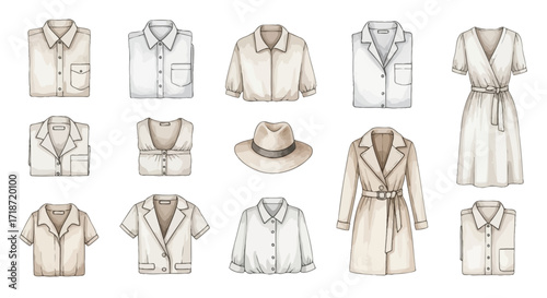Watercolor illustration set of 14 classic clothing items in a neutral color palette