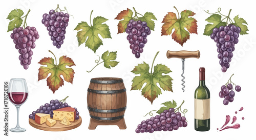 Watercolor Illustration of Wine and Cheese Set, Including Grapes, Barrel, and Corkscrew