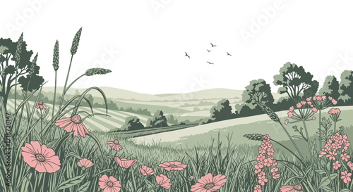 A scenic landscape illustration featuring rolling green hills, trees, wildflowers, tall grass, and birds flying in the sky.