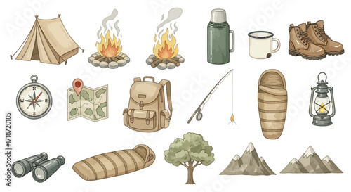 A hand-drawn collection of camping gear and hiking essentials for outdoor adventures