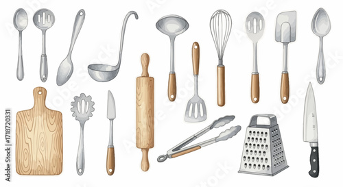 Vibrant Watercolor Kitchen Utensils Set with Wood Grain Handles and Metal Accents for Culinary Creations