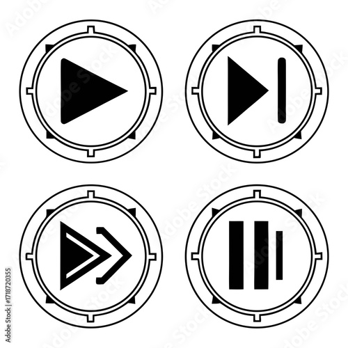 Four stylized media player control icons pause fast forward