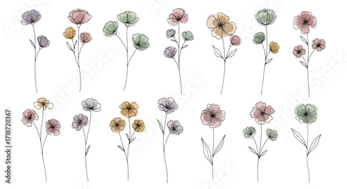 Watercolor clip art set of 15 minimalist florals single stems, petals, buds, soft gradients, elegant