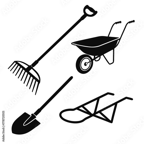 Garden Tools Silhouette With Wheelbarrow Rake And Shovel Keywords: garden tools, gardening