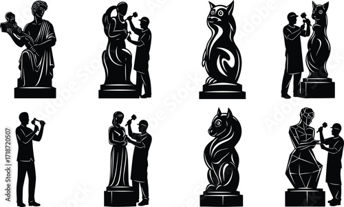 Sculptor carving statue silhouette, stone sculpture art, artisan working with chisel, creative craftsmanship illustration, ancient and modern statue design