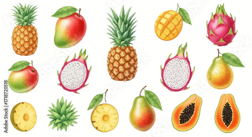 Bright watercolor clip art set featuring 15 tropical fruits like pineapple, mango, dragon fruit, and papaya
