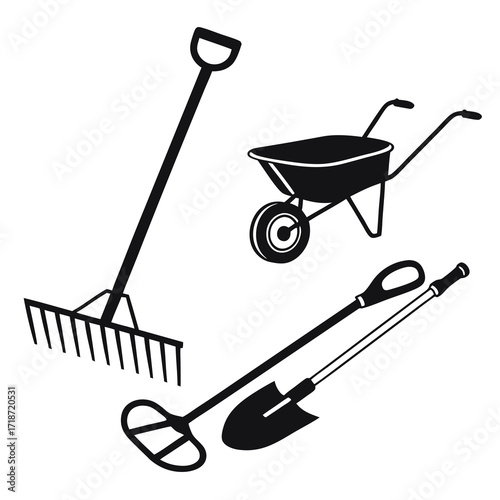 Garden Tools Silhouette With Wheelbarrow Rake And Spade Keywords: garden tools, gardening
