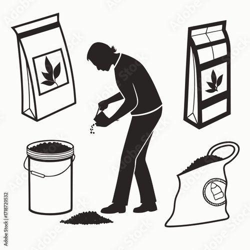 Gardener planting seeds with bags and bucket gardening