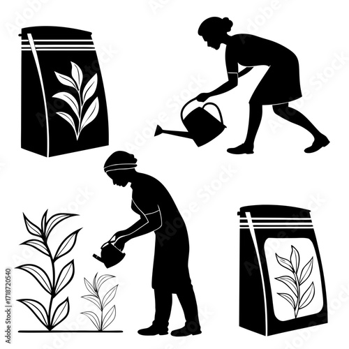 Gardener watering plants near bags of fertilizer gardening