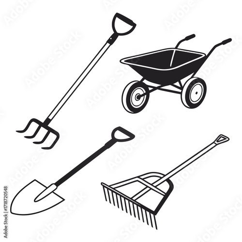 Gardening Tools Set With Pitchfork Rake Shovel And Wheelbarrow Keywords: gardening, tools, set