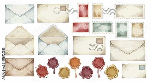 Watercolor Postage Envelope Shapes & Stamps Clip Art Collection