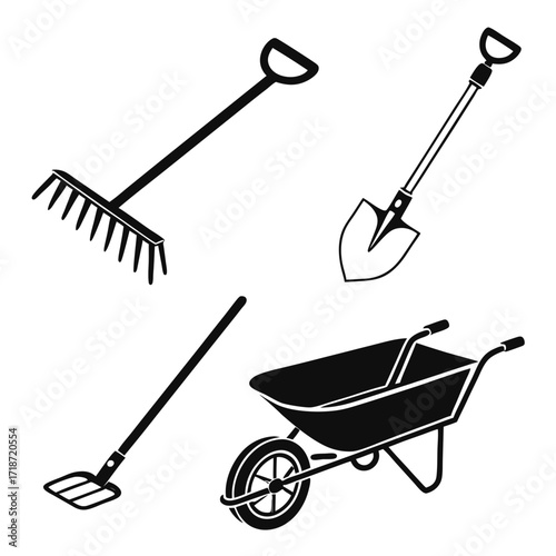 Gardening Tools Silhouette With Hoe And Rake Keywords: gardening, tools, rake, shovel