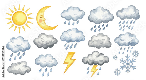 Beautiful watercolor weather forecast icon collection sun, moon, clouds, rain, lightning, and snow symbols