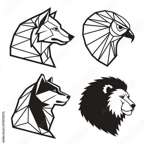 Geometric Animal Heads Wolf Eagle Husky Lion Line Art