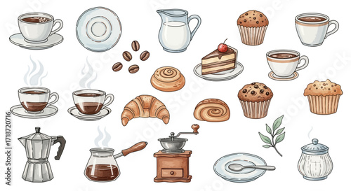 Watercolor coffee and pastry clipart set with cups, cake, croissant, grinder, and moka pot