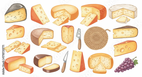 Artistic Watercolor Collection of Gourmet Cheese Varieties Wheels, Wedges, Slices, and Delicious Pairings
