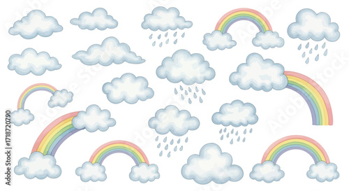 Collection of whimsical rainbow and rain cloud illustrations on a white background