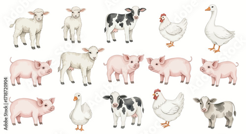 A charming collection of sixteen watercolor farm animals including lambs, calves, and piglets