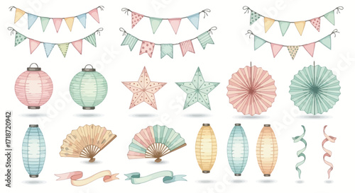 Watercolor Party Decorations Set with Pastel Bunting, Lanterns, and Fans for Festive Celebrations