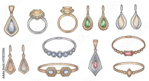 Watercolor clip art set of elegant jewelry with rings pendants and bracelets on white background