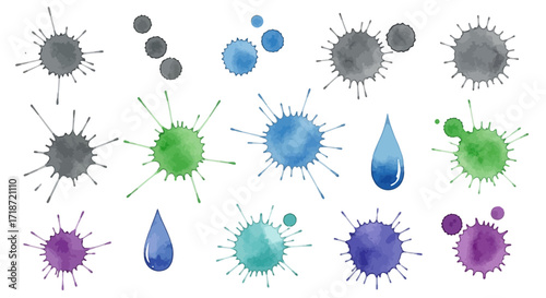 Dynamic collection of abstract watercolor paint splatters and liquid drops on white background