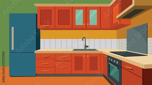 Modern kitchen interior design with orange cabinets and a blue refrigerator for trendy living