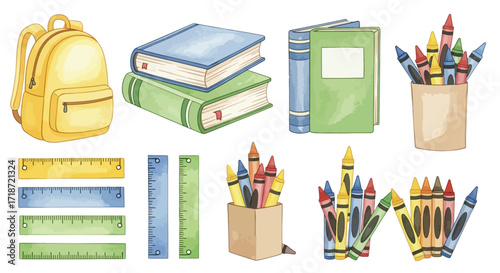 Watercolor clip art set of essential school supplies backpack, books, crayons, and rulers for education
