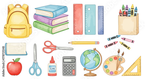 School Supply Watercolor Set Backpack, Books, Stationery, and Art Supplies