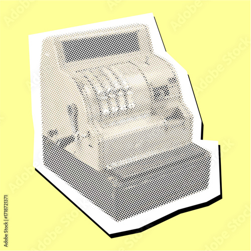Vintage cashier machine halftone dotted collage element pointillize in paper torn icon vector. A unique design for retail, retro, and vintage themes.