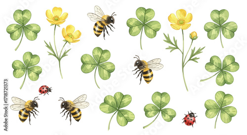 Watercolor Clip Art Set of Spring Nature Elements Lucky Shamrocks, Yellow Buttercups, Busy Bees, and Red Ladybugs on White Background
