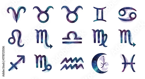 Watercolor Zodiac Symbols Set Abstract Galaxy Art for Celestial Navigation and Astrology