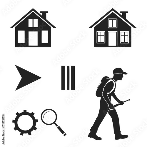 Icons of Houses, Direction, Data and a Hiker Keywords: house icon, home symbol, building