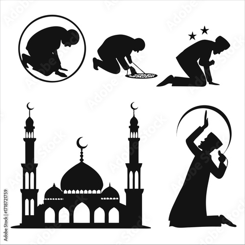 Islamic Prayer Poses and Mosques Silhouette Collection Keywords: islam, prayer, mosque, muslim