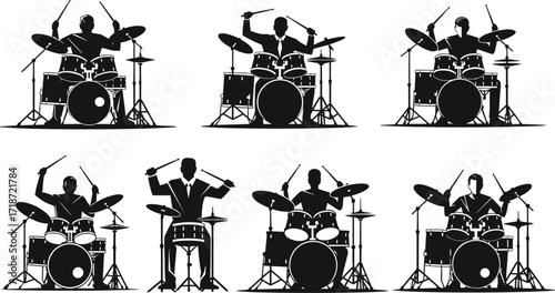 Silhouette drummer playing drum set, percussion musician illustration, rock band performance art, jazz rhythm beats, black and white artistic design