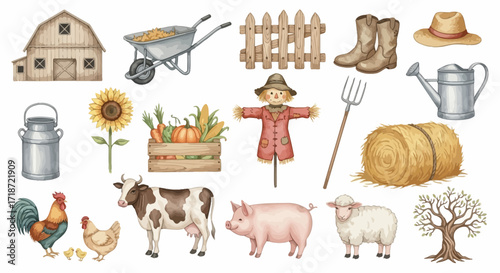 Watercolor Country Life Clipart Set Barn, Farm Animals, Tools, and Rustic Elements