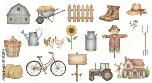 Watercolor Farm Collection Rustic Clip Art for Countryside Designs and Harvest Themes