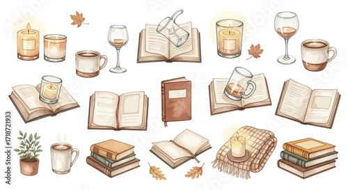 Watercolor Set of Cozy Autumn Reading Essentials Books, Warm Drinks, and Candles