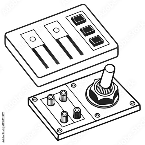 Isometric Line Art of DJ Controller with Faders and Joysticks