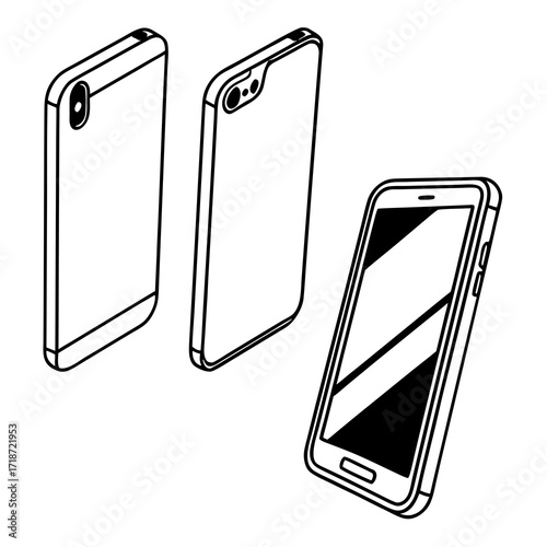 Isometric outline of three smartphones mobile device