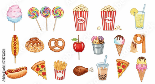 Cartoon collection of colorful junk food and carnival snacks isolated on a white background