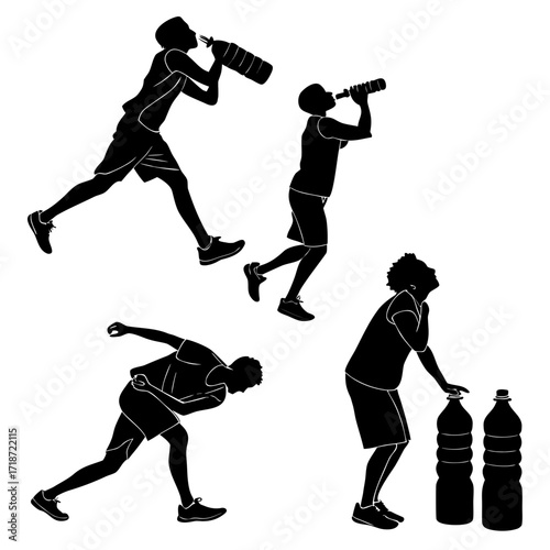 Male athletes in silhouette drinking from bottles and standing by bottles
