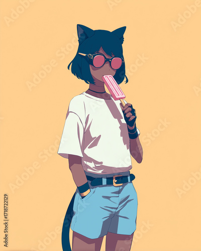 cat ears girl eating popsicle in casual outfit 