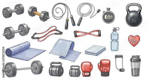Hand-drawn collection of fitness tools for exercise, sports, and healthy living