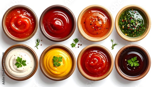 Eight assorted sauces in small bowls