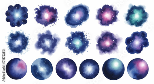 Watercolor collection of cosmic galaxies, nebulas, and planets isolated on a white background