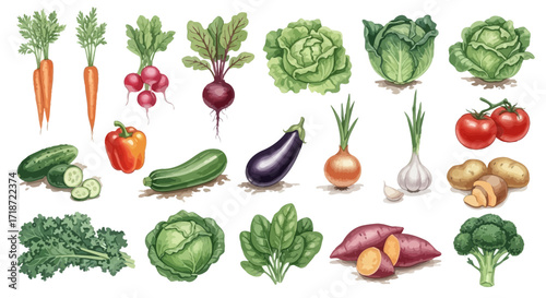 Watercolor illustration of various fresh vegetables arranged on a white background, clipart