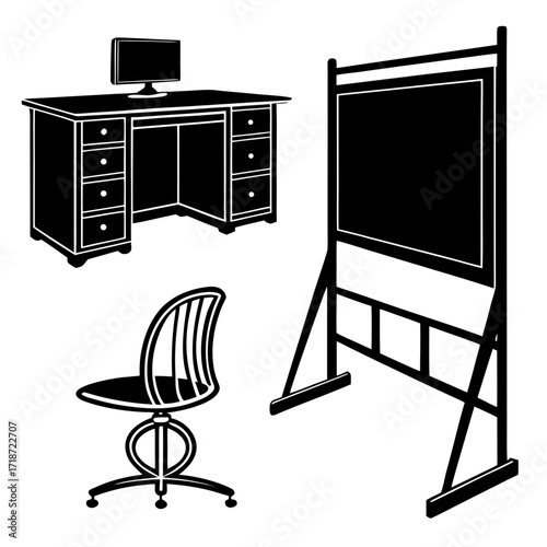 Office Desk and Chair Silhouettes with Whiteboard furniture