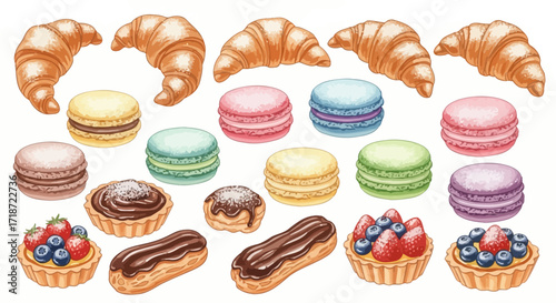 A delightful watercolor set of French bakery pastries like croissants, colorful macarons, and tarts