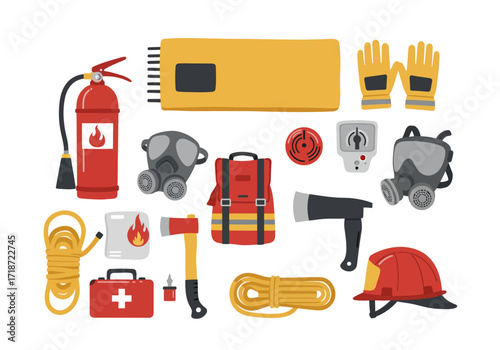 A collection of firefighter equipment including axes masks and hoses